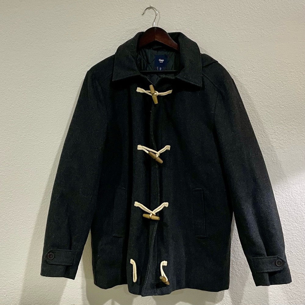 GAP Charcoal Wool Blend Hooded Pea Coat with Toggle & Zip – Women’s Size Large